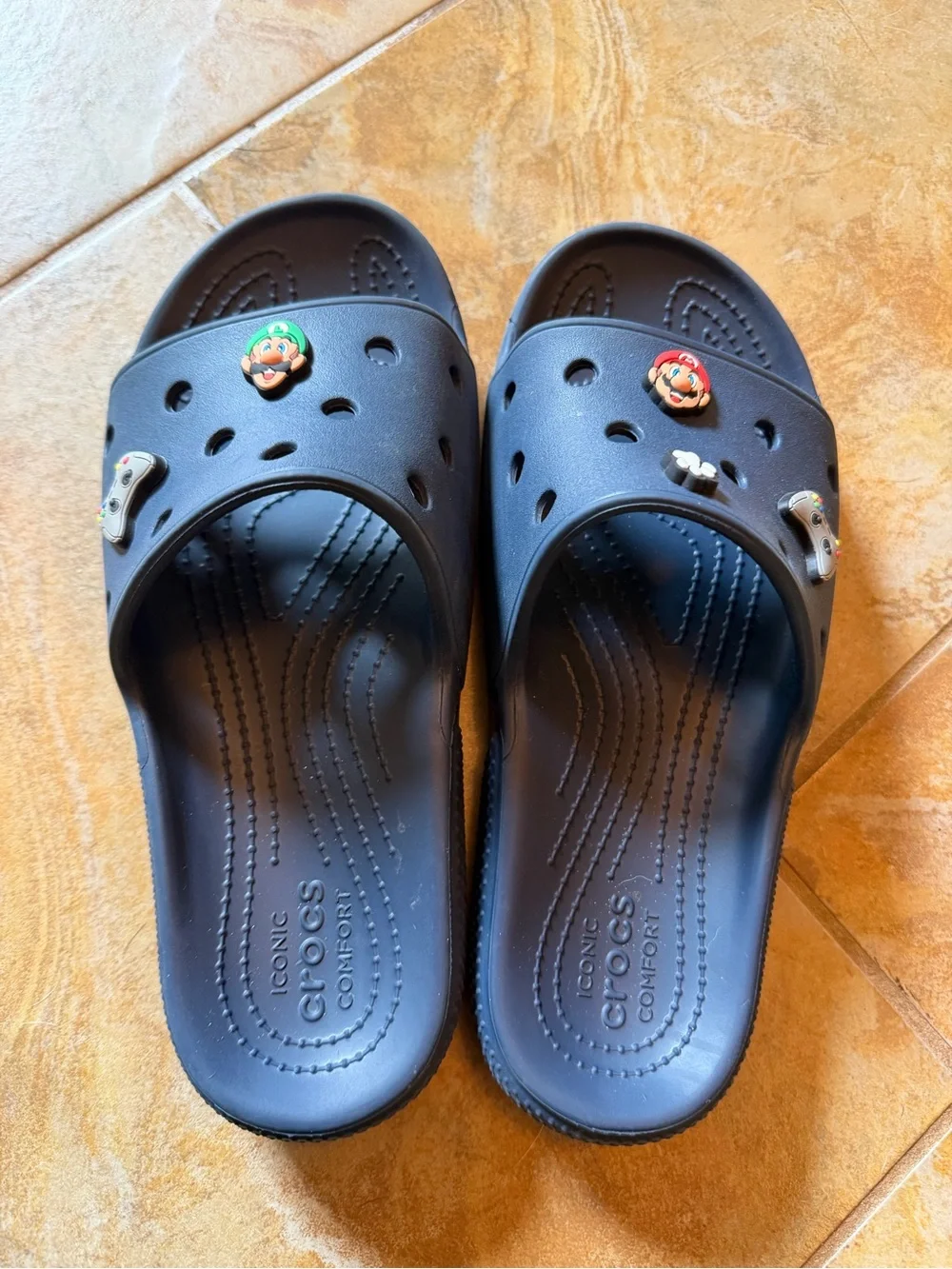 Pair (2) of Boys/Men Crocs Slide Sandals with Charms. Size 9 Men